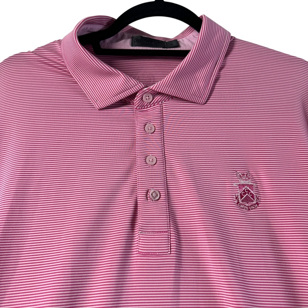 G/FORE Polo Shirt Mens Large Pink Striped Performance Golf Crest Short Sleeve